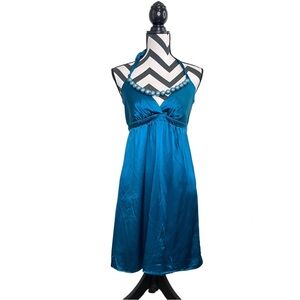 Vintage Voom USA Joy Han Y2K 100% Silk Sz M Teal Babydoll Mini Dress